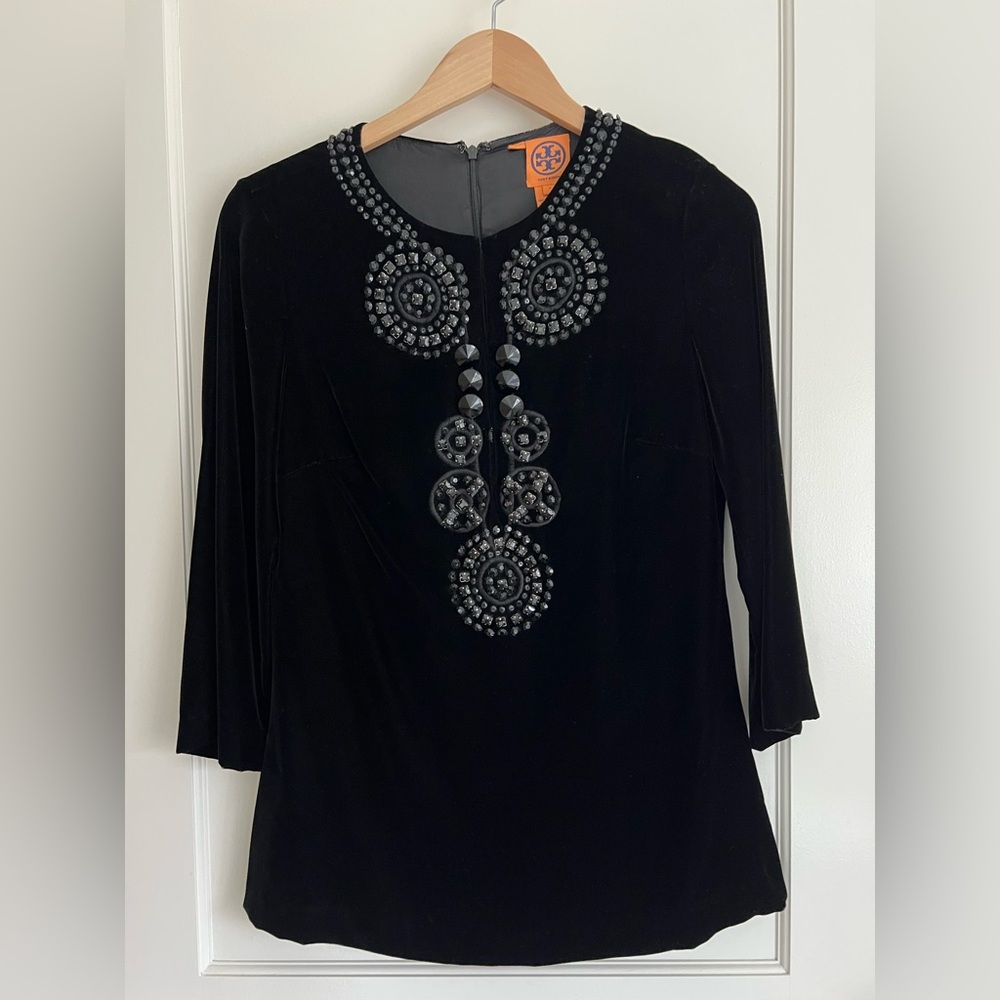 Tory Burch Black Beaded Velvet Top
